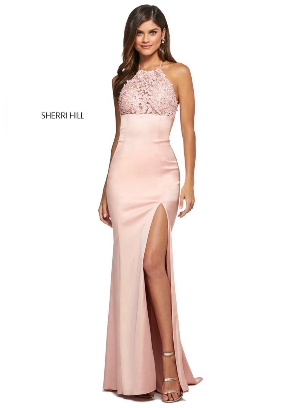 Sherri Hill Pale Blush Lace Halter Prom Gown